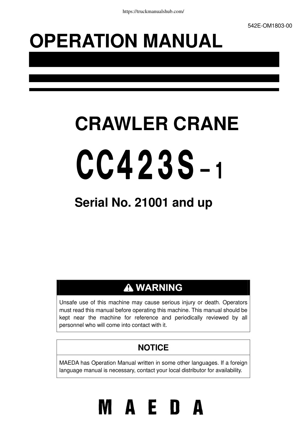 Première page de Maeda CC423S 1 Crawler Crane Operation Manual