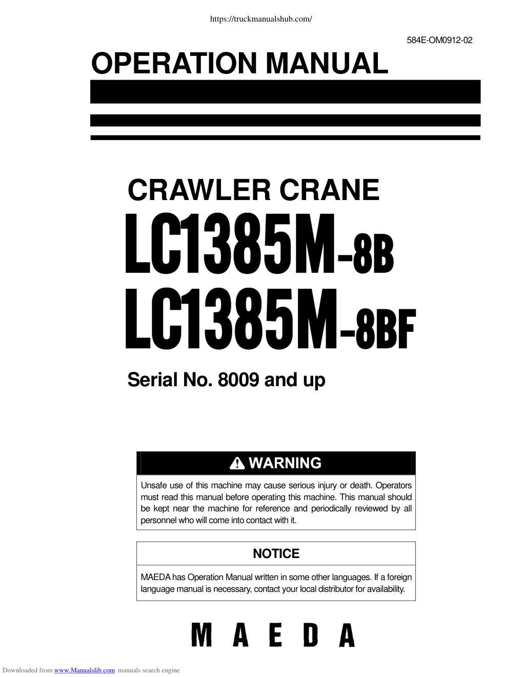 Première page de Maeda LC1385M 8B Crawler Crane Operating Manual