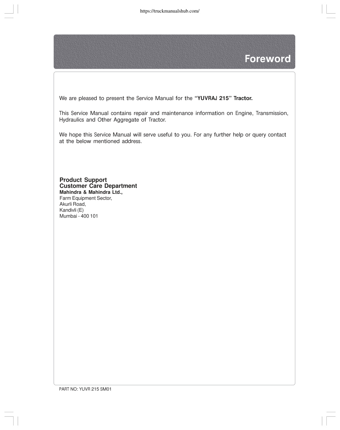 Première page de Mahindra YUVRAJ 215 Service Manual