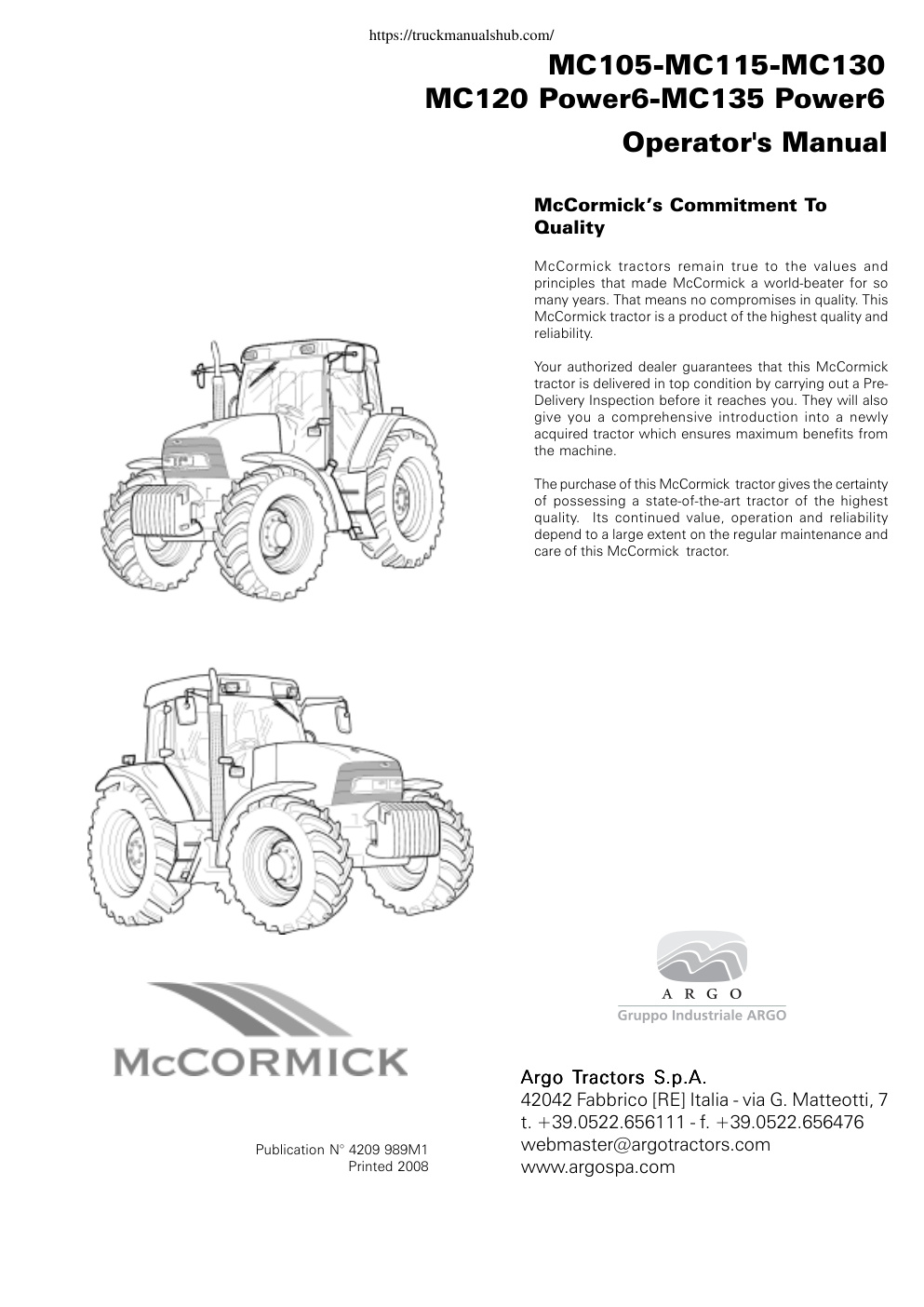 Première page de McCormick MC95 MC105 MC115 MC120 Power6 and MC135 Power6 Tractors Operator Manual