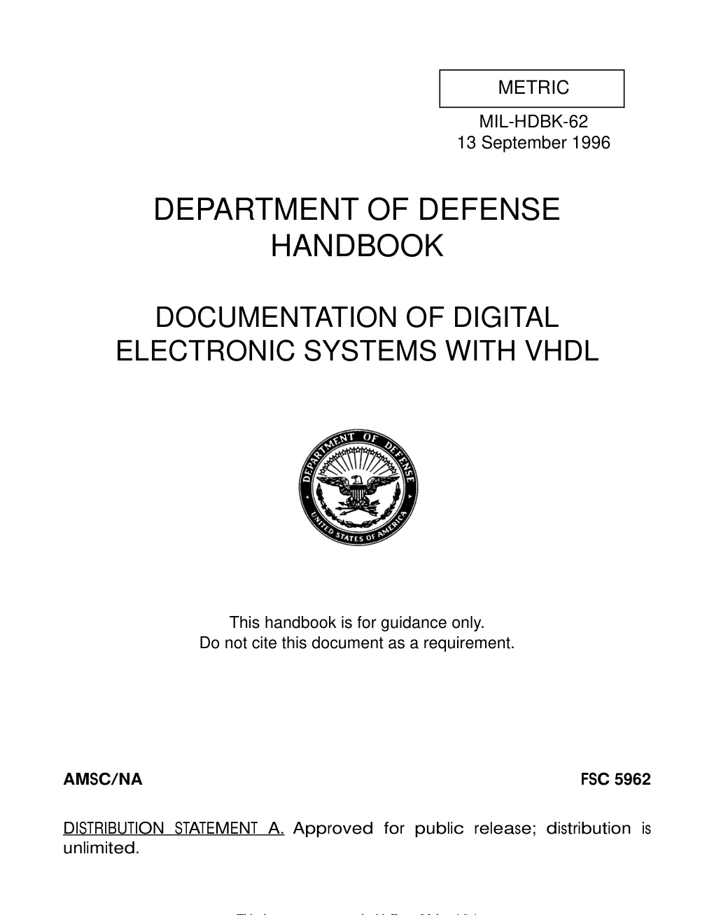 Première page de Mil Hdbk 62 Documentation Of Digital Electronic Systems With Vhdl