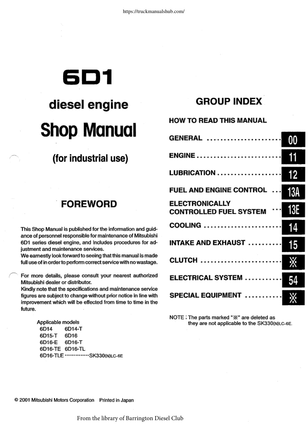Première page de Mitsubishi 6D1 series diesel engine Workshop Manual