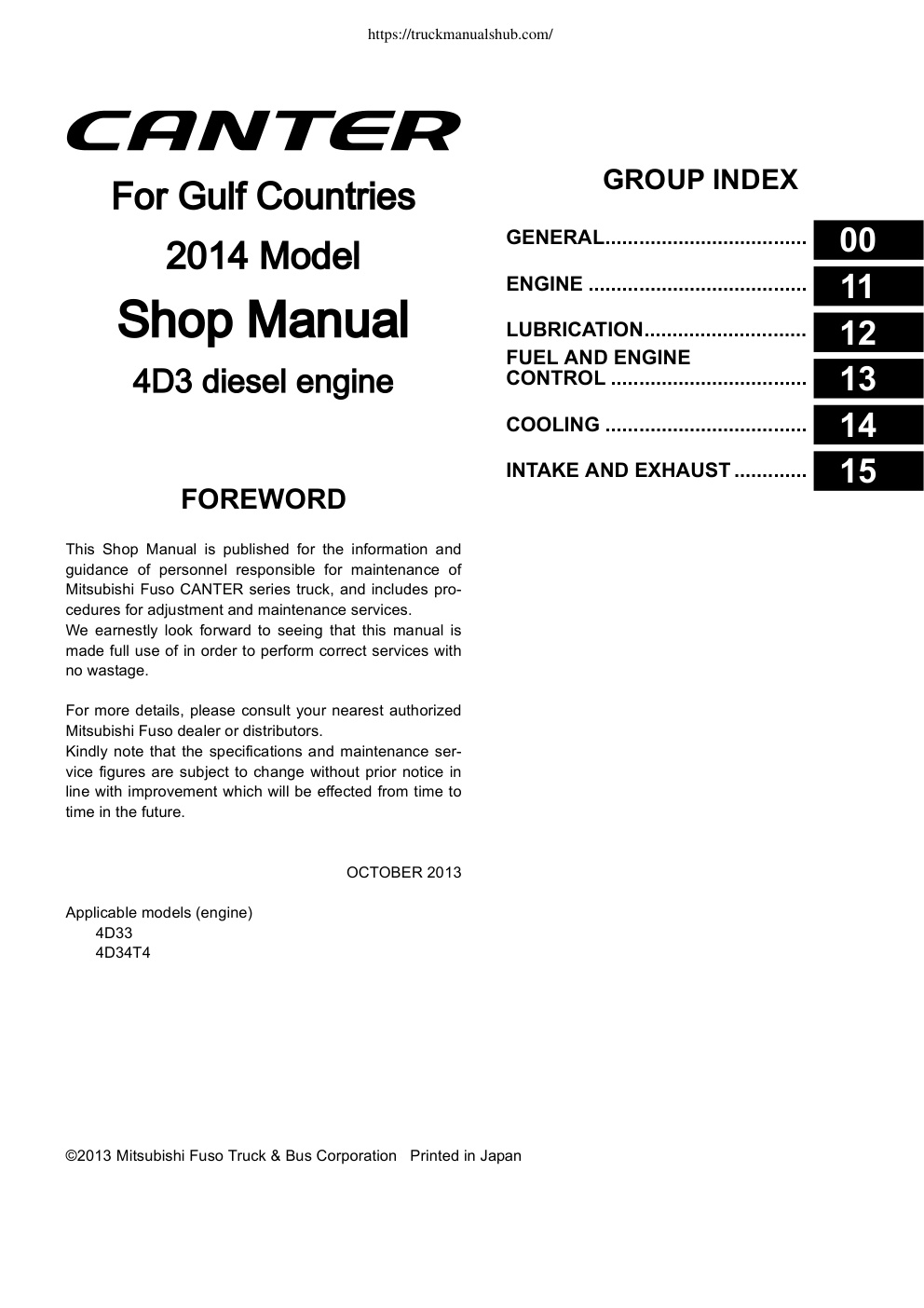 Première page de Mitsubishi Fuso Canter 4D3 diesel engine Workshop Manual