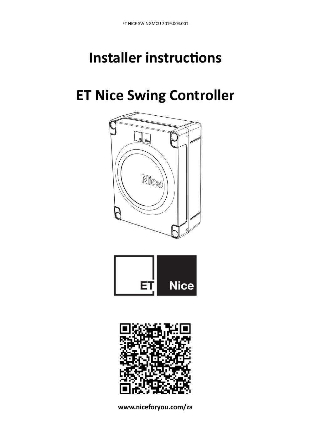 Première page de NICE Installer instructions ET Nice Swing Controller EN