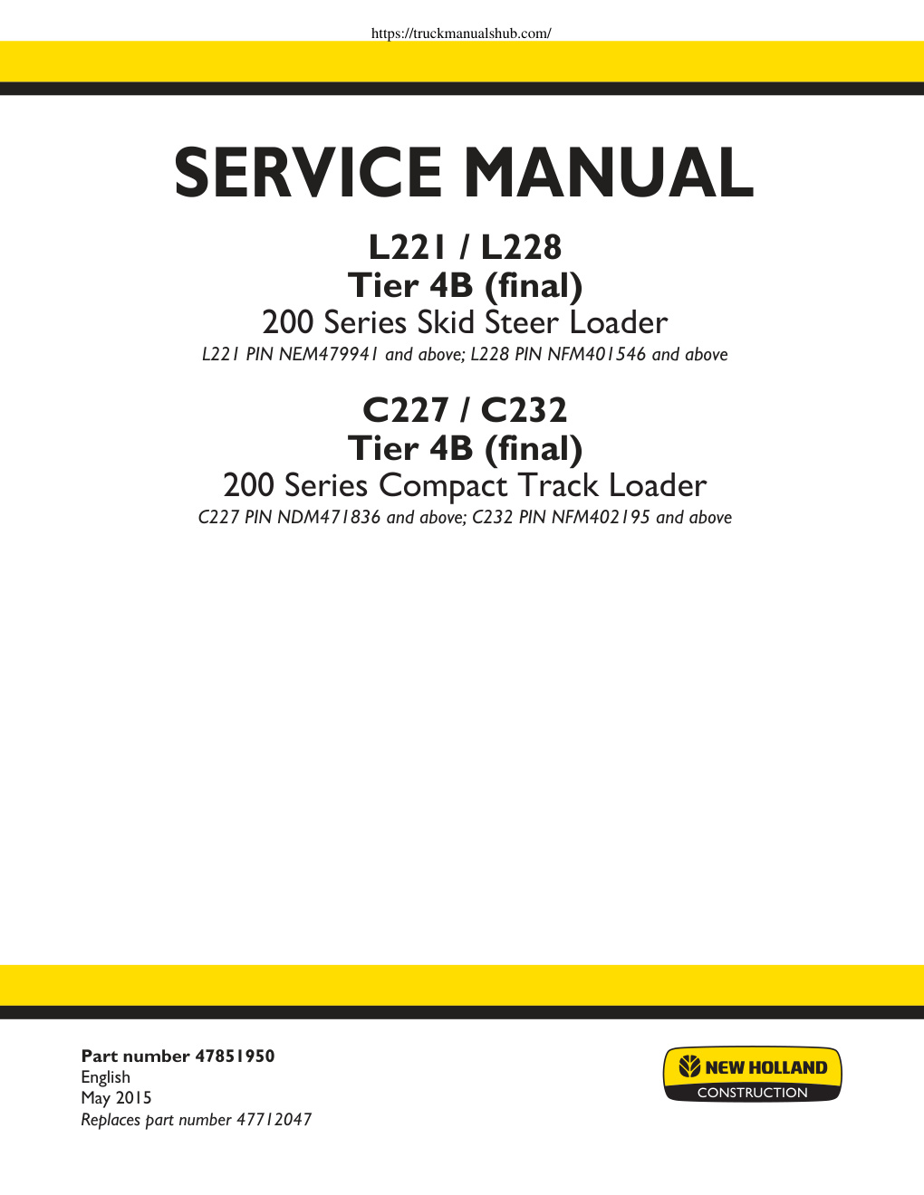 Première page de New Holland L221 L228 C227 C232 Tier 4B final Manual