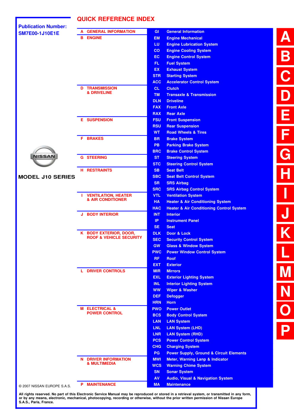 Première page de Nissan Qashqai workshop manual 2007 eng