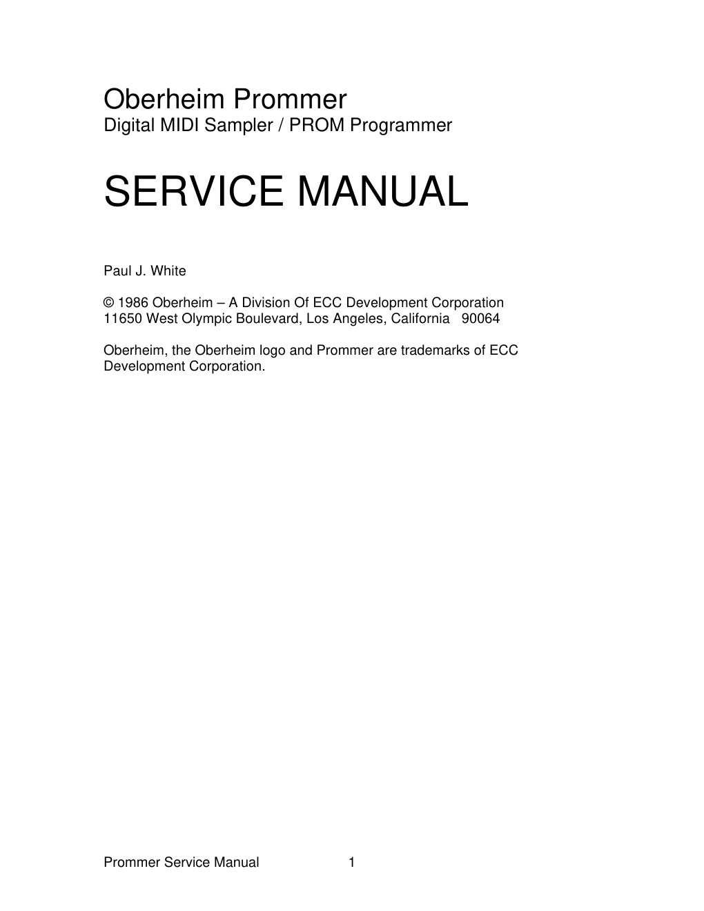 Première page de Oberheim PROMMER SERVICE MANUAL