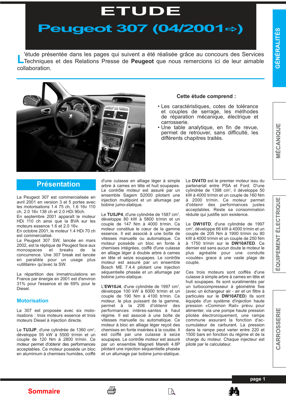 Première page de Peugeot 307 RTA manual