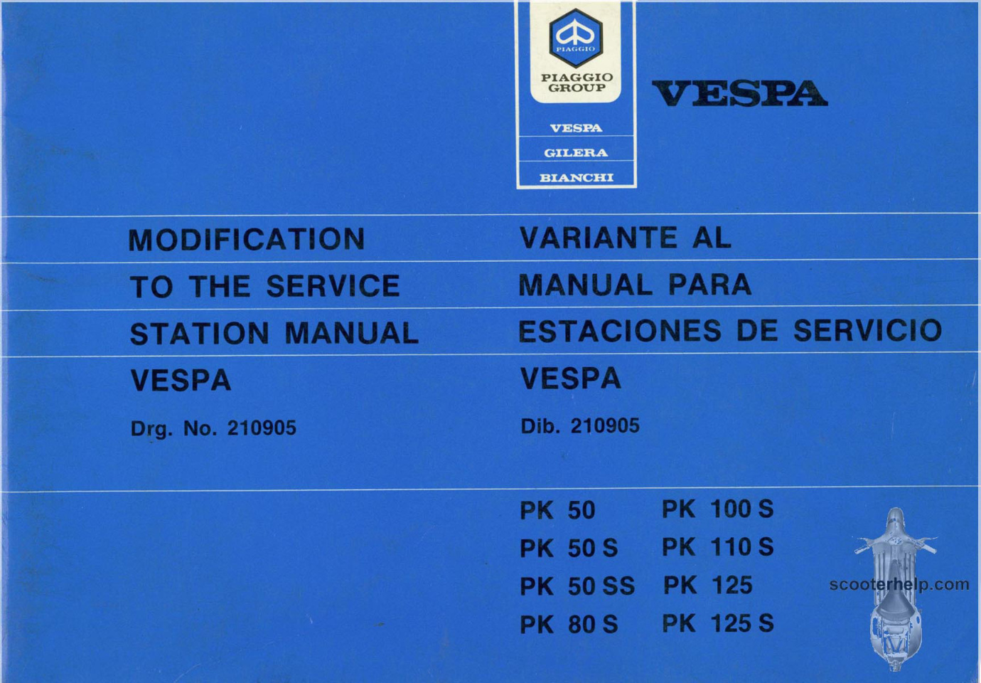 Première page de Piaggio Service Manual Vespa PK50 PK50S PK125 PK125S ENG SPA