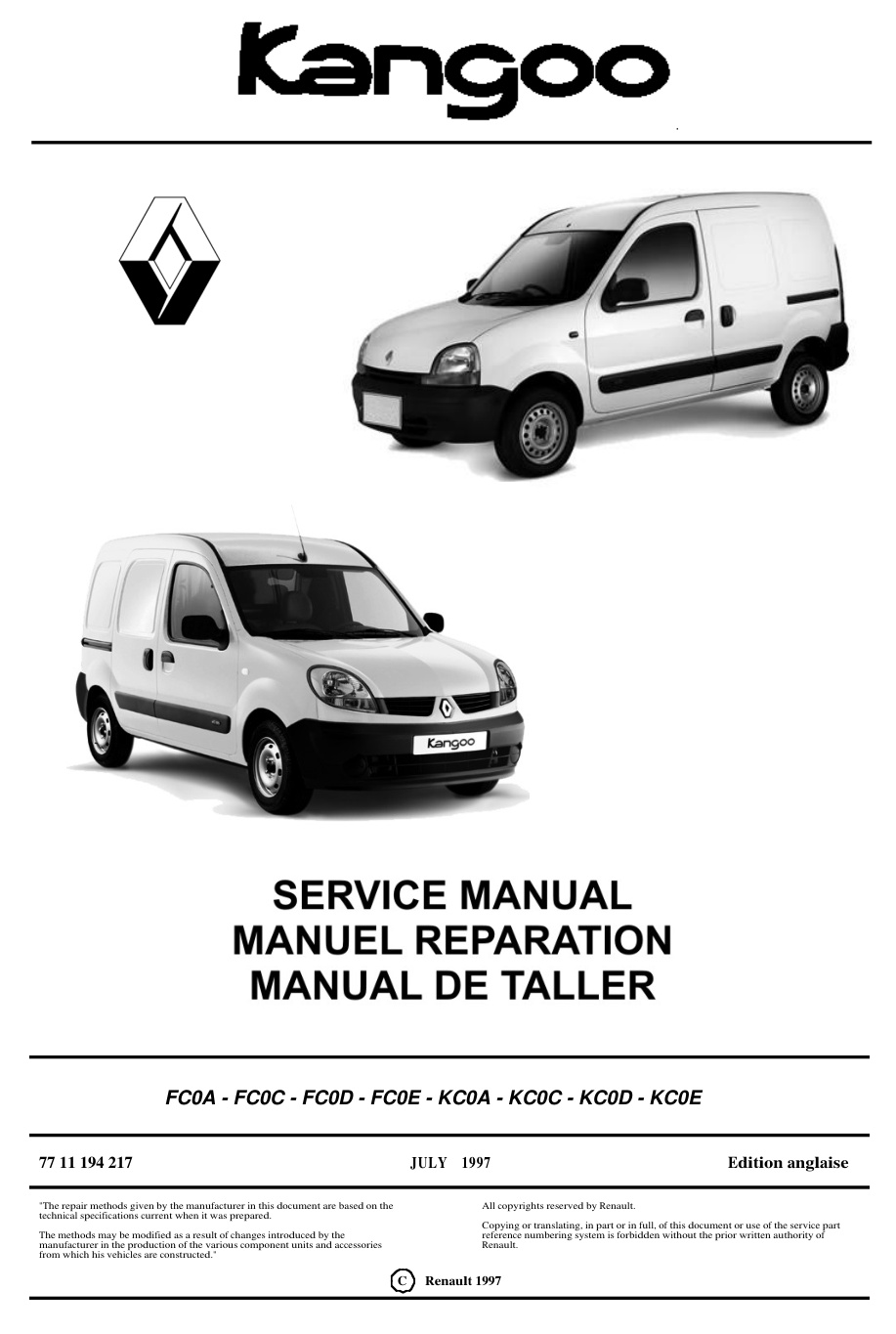 Première page de Renault Kangoo I Manual De Taller Service Manual Manuel Reparation