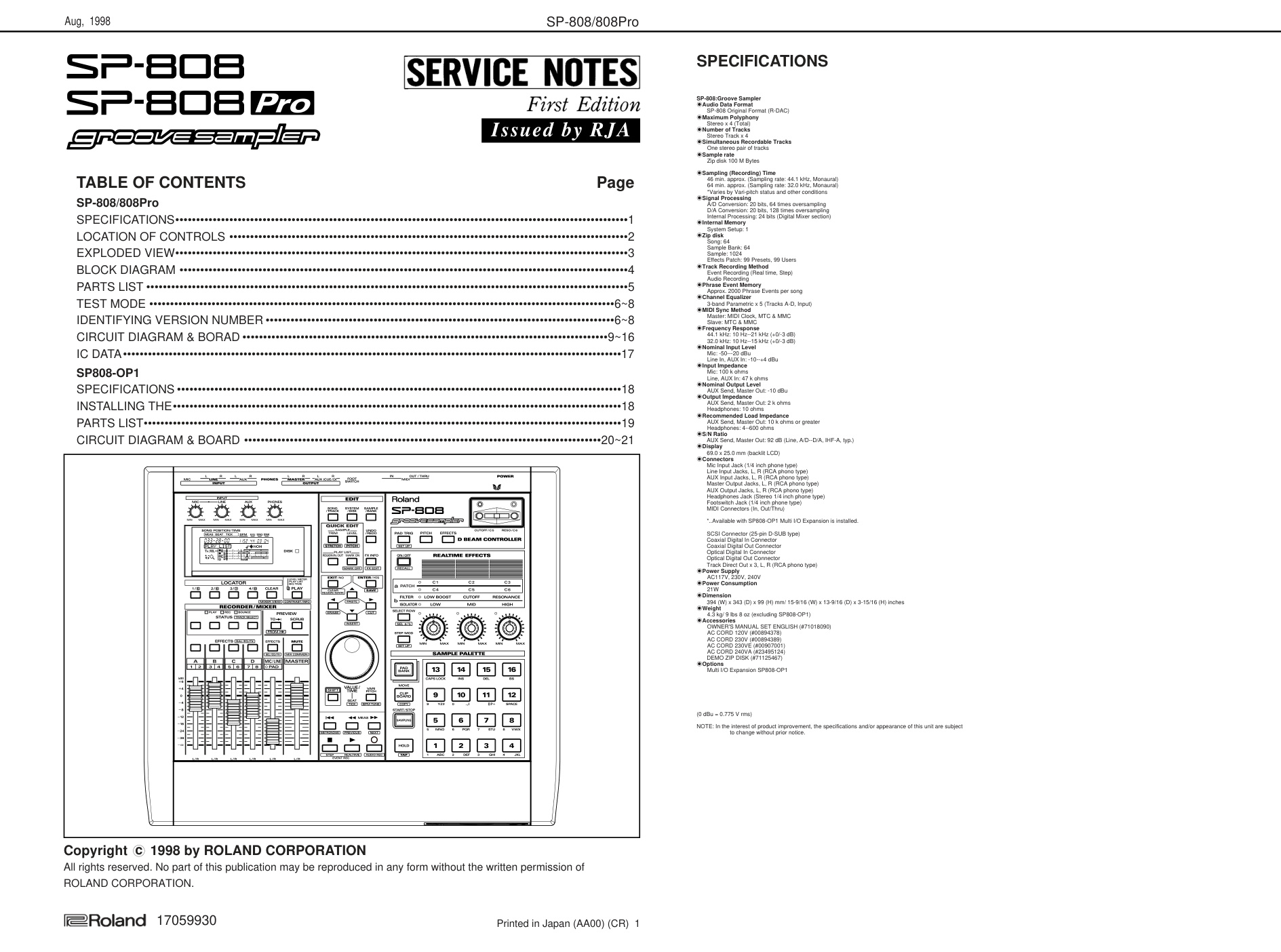 Première page de Roland SP 808 Service Manual