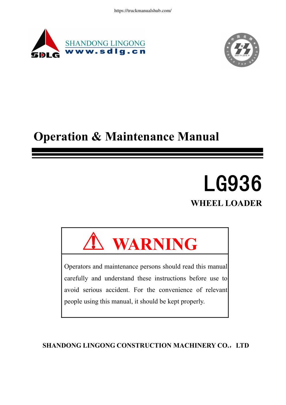 Première page de SDLG LG936 Wheel Loader Operation Maintenance Manual