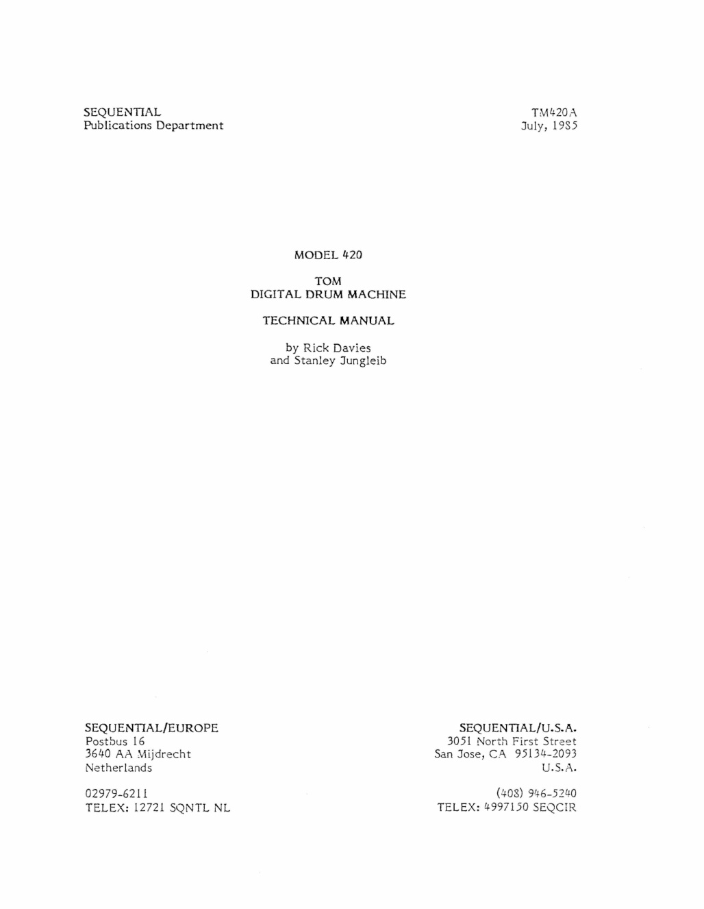 Première page de SEQUENTIAL 420 TOM SERVICE MANUAL ocr