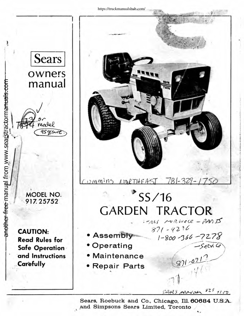 Première page de Sears SS 18 Garden Tractor Owner s Manual