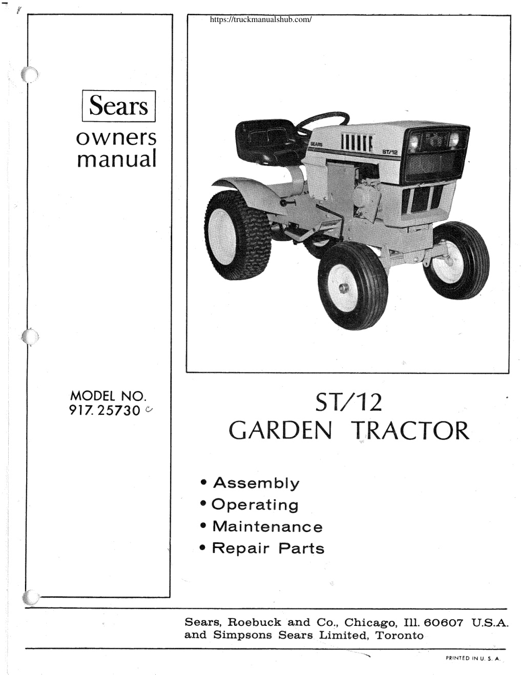 Première page de Sears ST 12 Garden Tractor Owners Manual