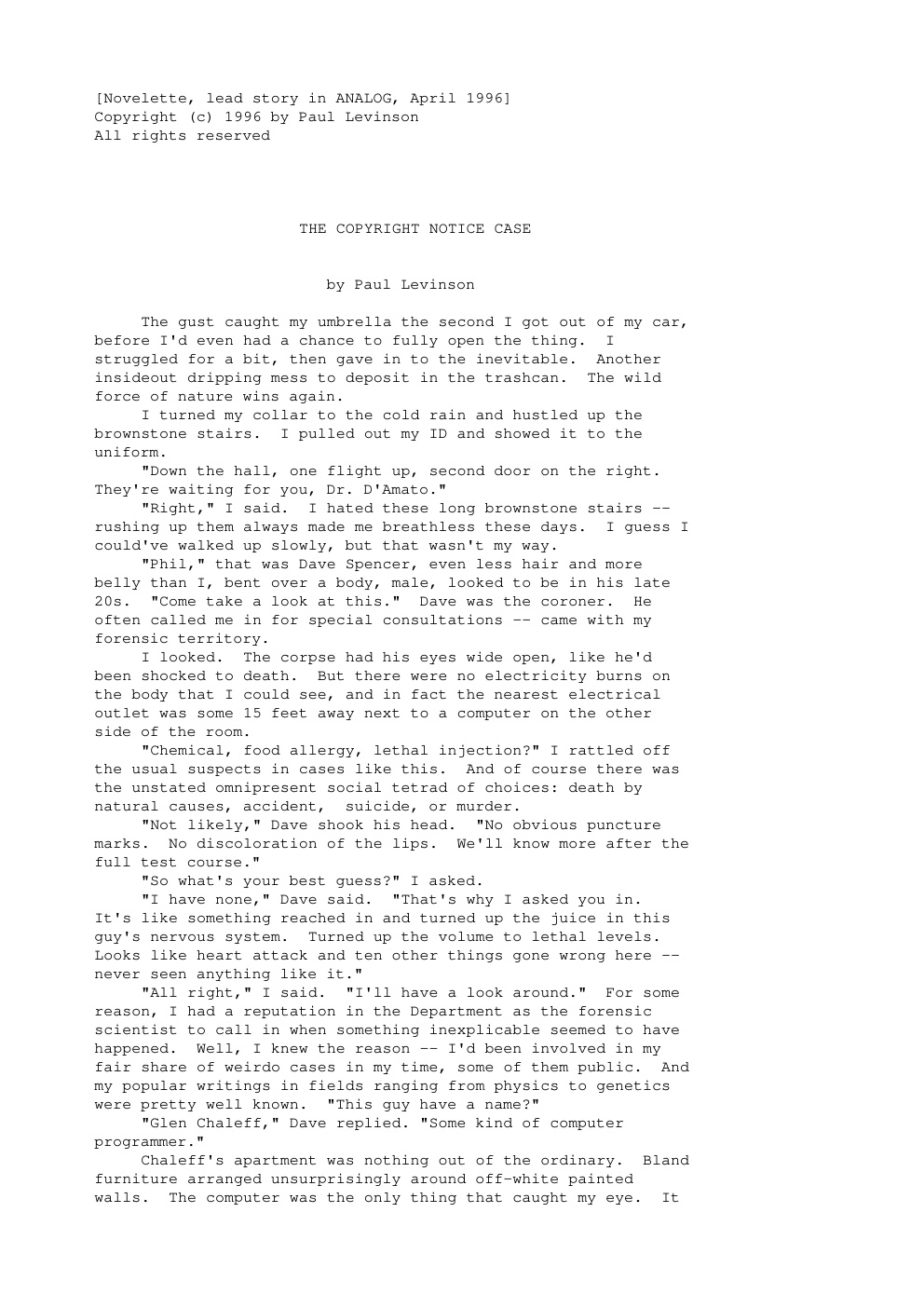 Première page de [Novelette, lead story in ANALOG, April 1996]
