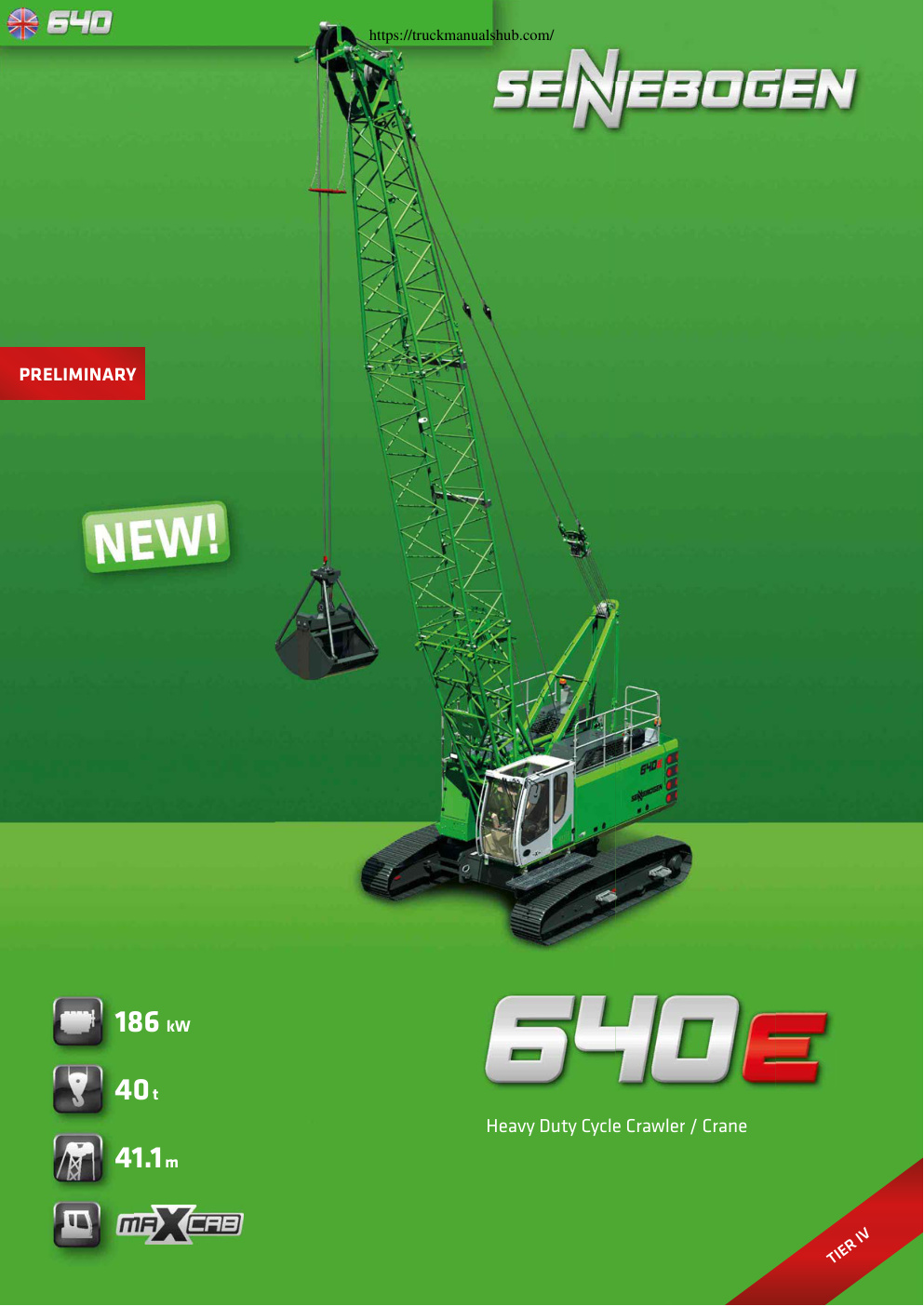 Première page de Sennebogen 640e Heavy Duty Cycle Crawler Crane Technical Specifications