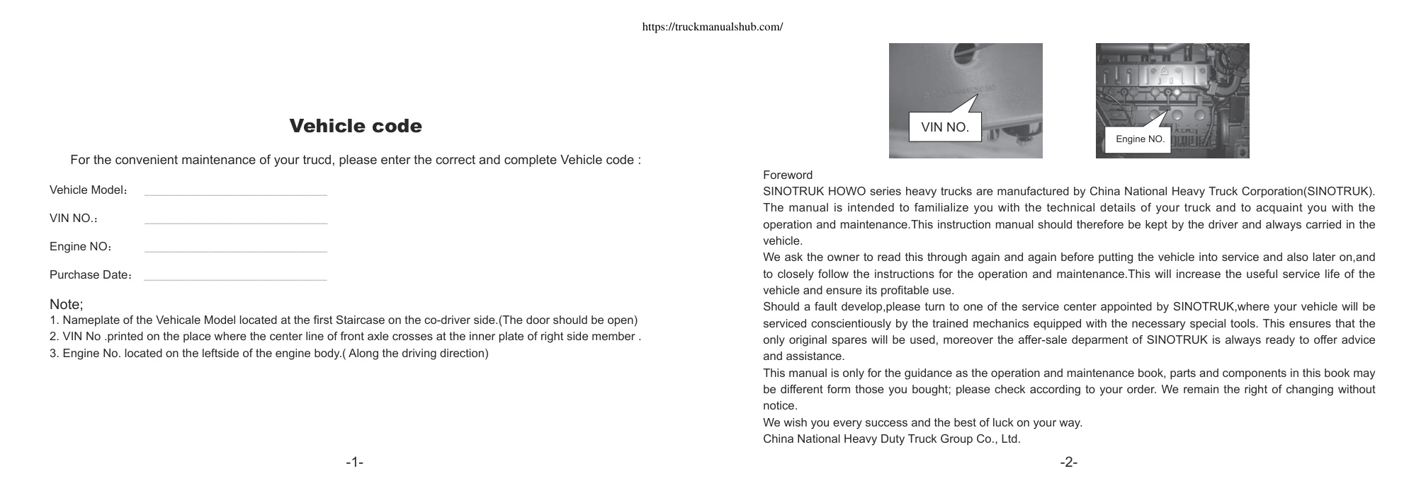 Première page de Sinotruk Howo Trucks Operation and Maintenance Manual