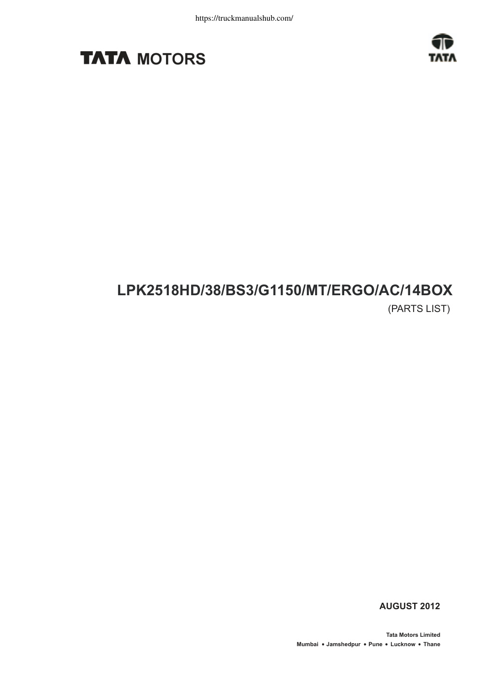 Première page de TATA LPK2518HD 38 BS3 G1150 MT ERGO AC 14BOX Parts List