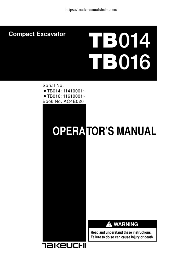 Première page de Takeuchi TB016 Operators Manual Takeuchi
