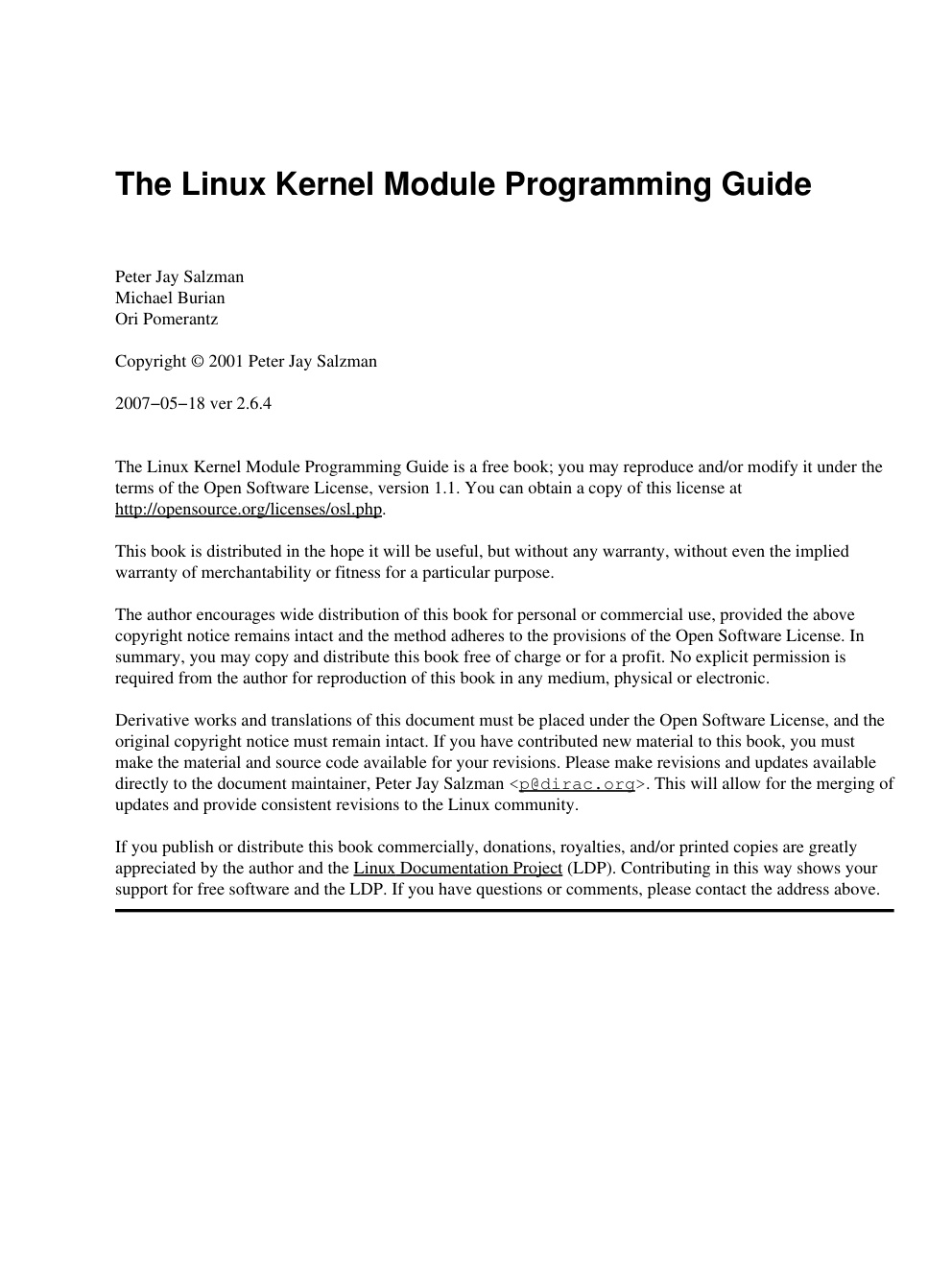 Première page de The Linux Kernel Module Programming Guide 2 6 The Linux Documentation Project 2007