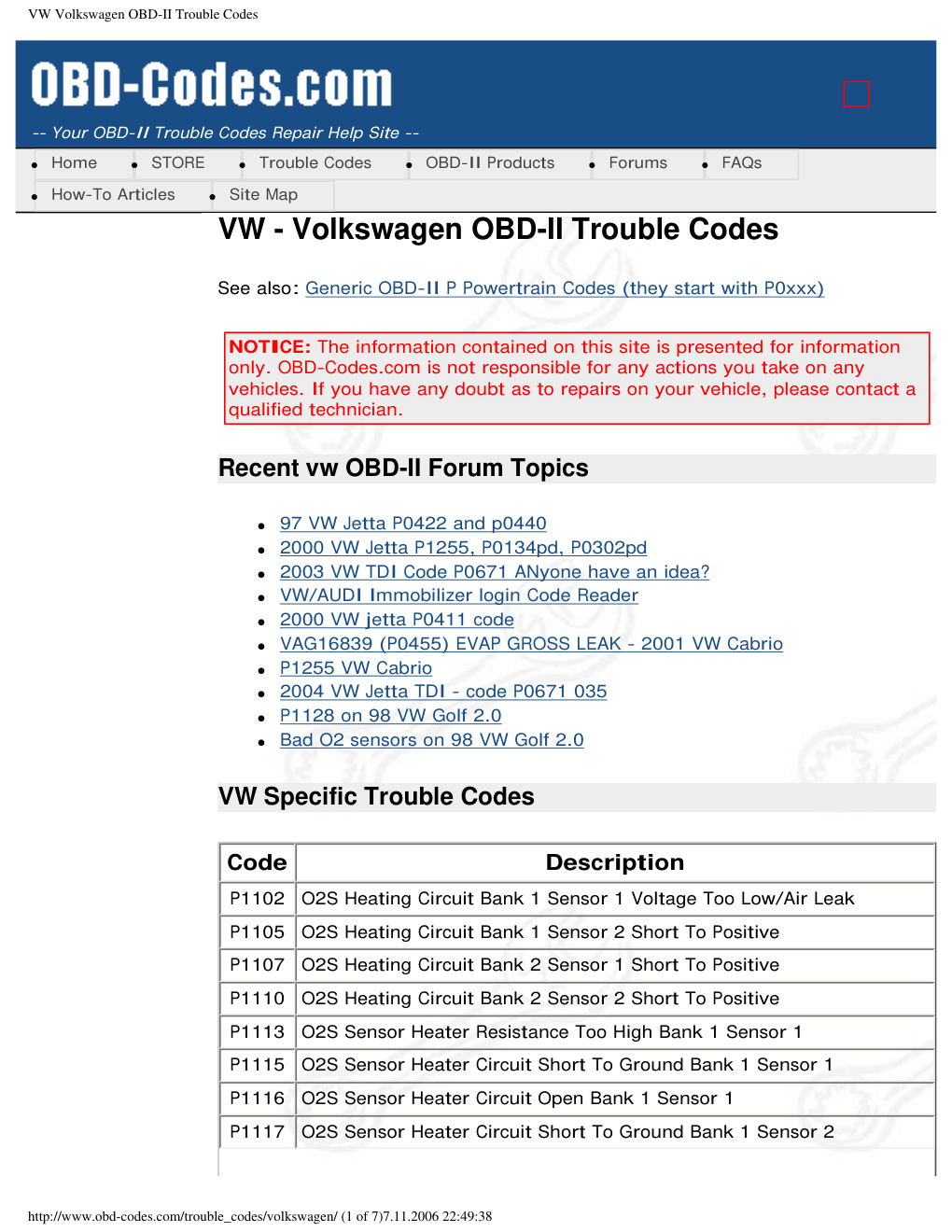 Première page de VW Volkswagen OBD II Trouble Codes