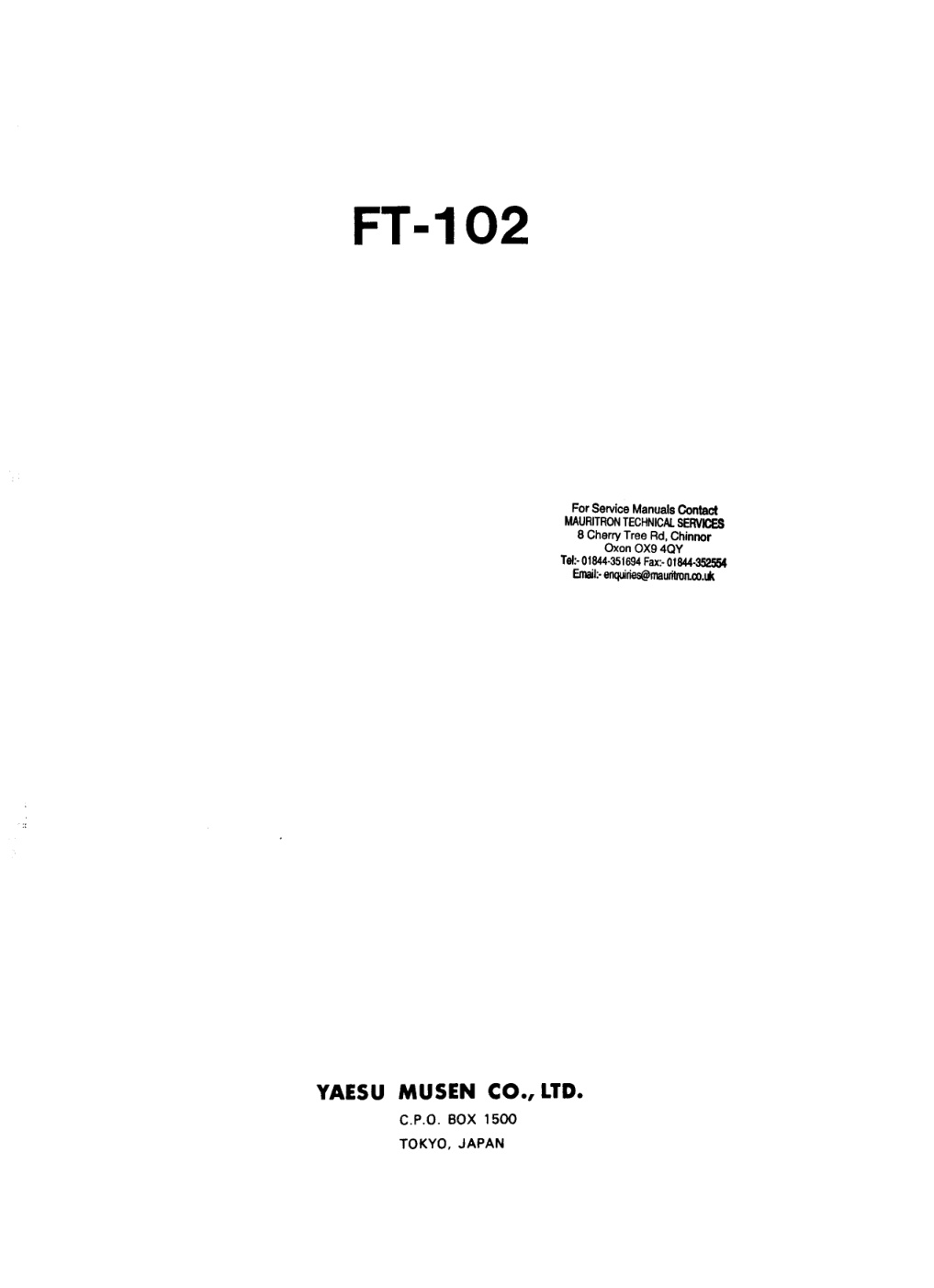 Première page de Yaesu FT 102 HF all Mode Transceiver Service Manual