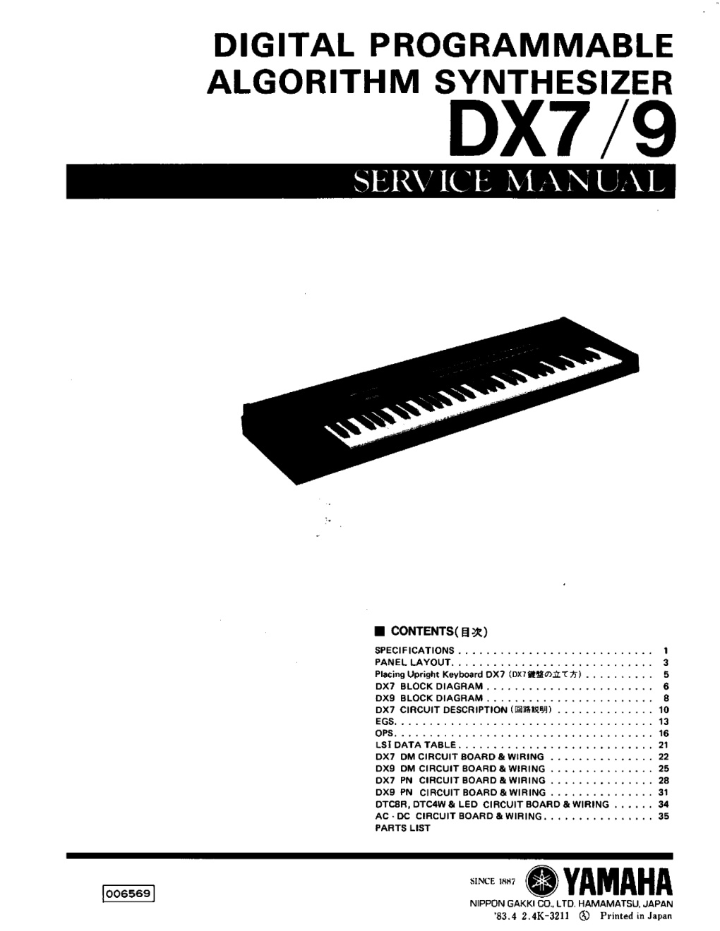 Première page de Yamaha DX7 DX9 service manual