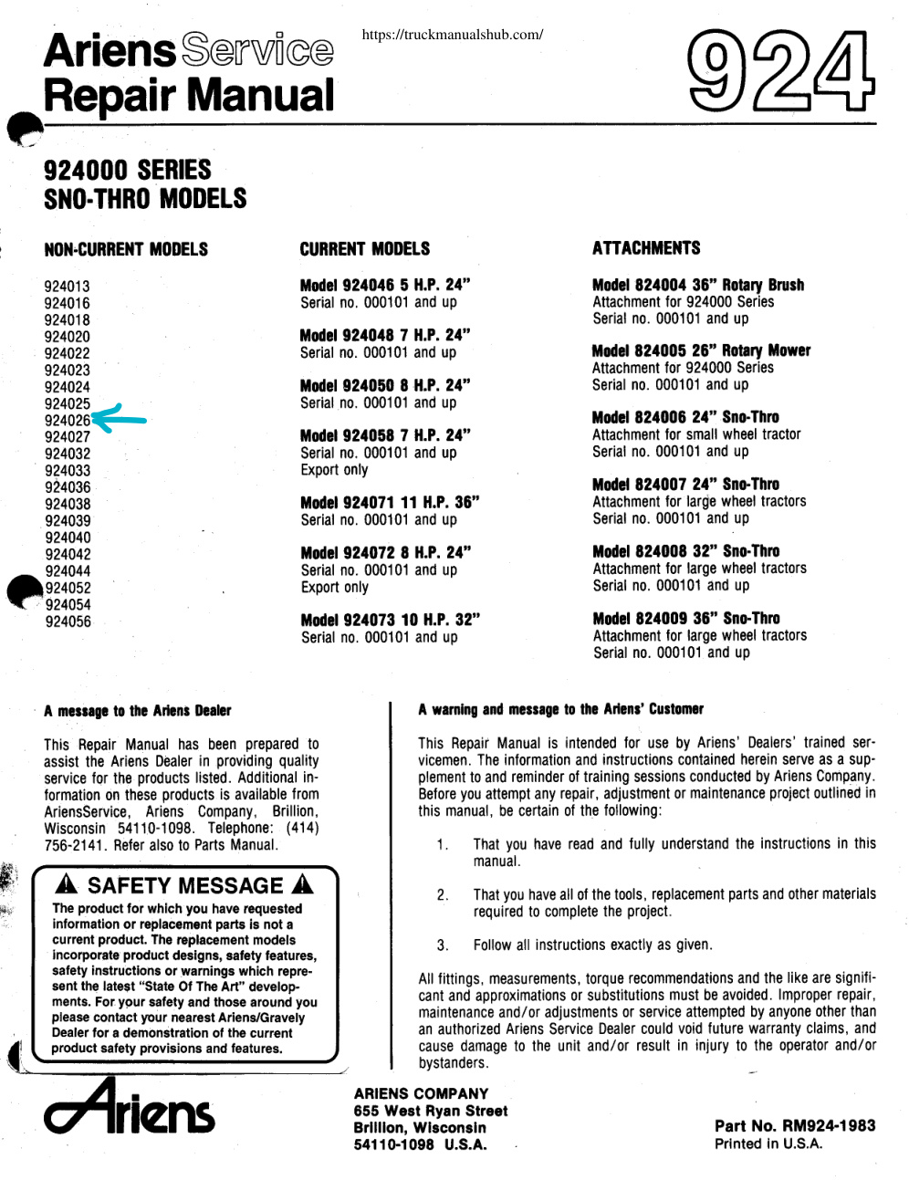 Première page de Ariens Service