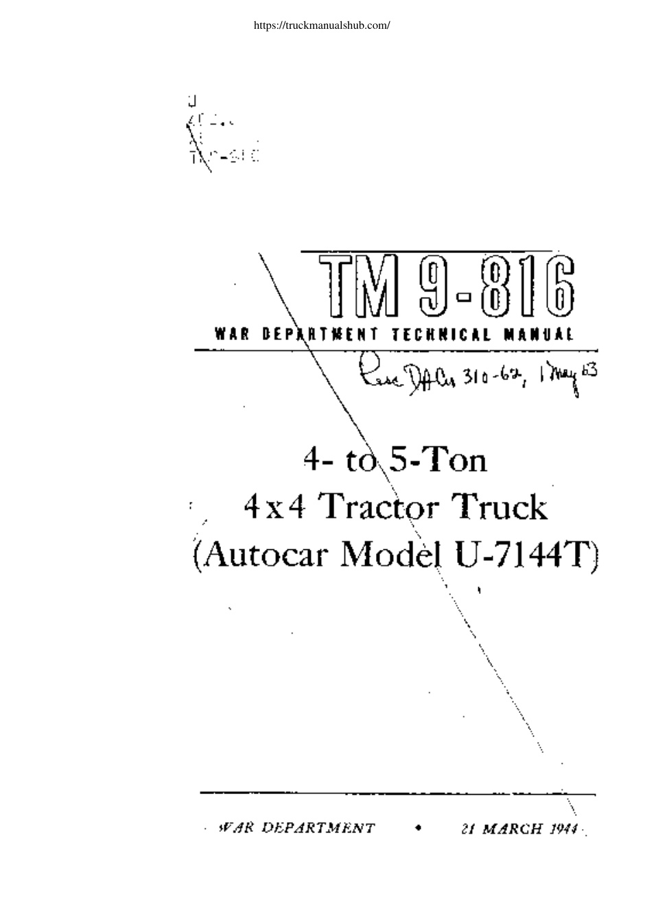 Première page de TM 9-816 1944 4- to 5-Ton 4x4 Tractor Truck (Autocar Model U-7144T)