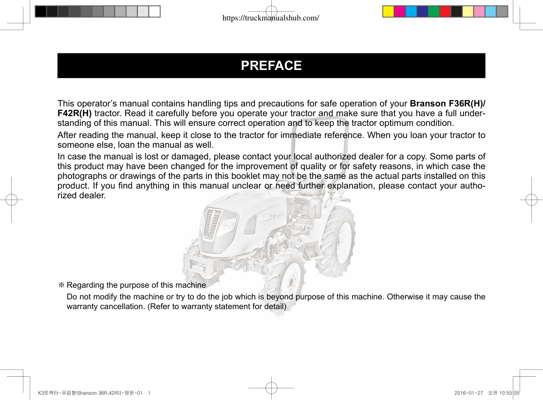 Première page de This operator’s manual contains handling tips and precautions for safe operation of your Branson F36R(H)/
