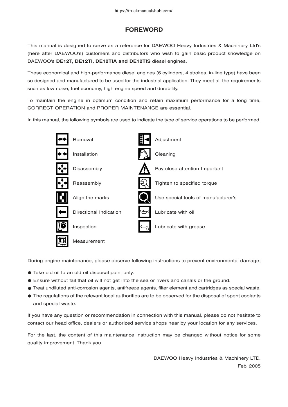 Première page de This manual is designed to serve as a reference for DAEWOO Heavy Industries & Machinery Ltd's