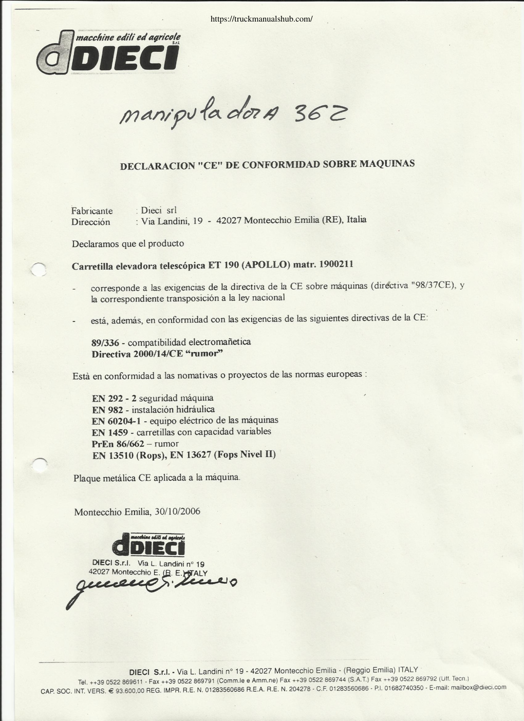 Première page de DECLARACION "CE" DE CONFORMIDAD SOBRE MAQUINAS
