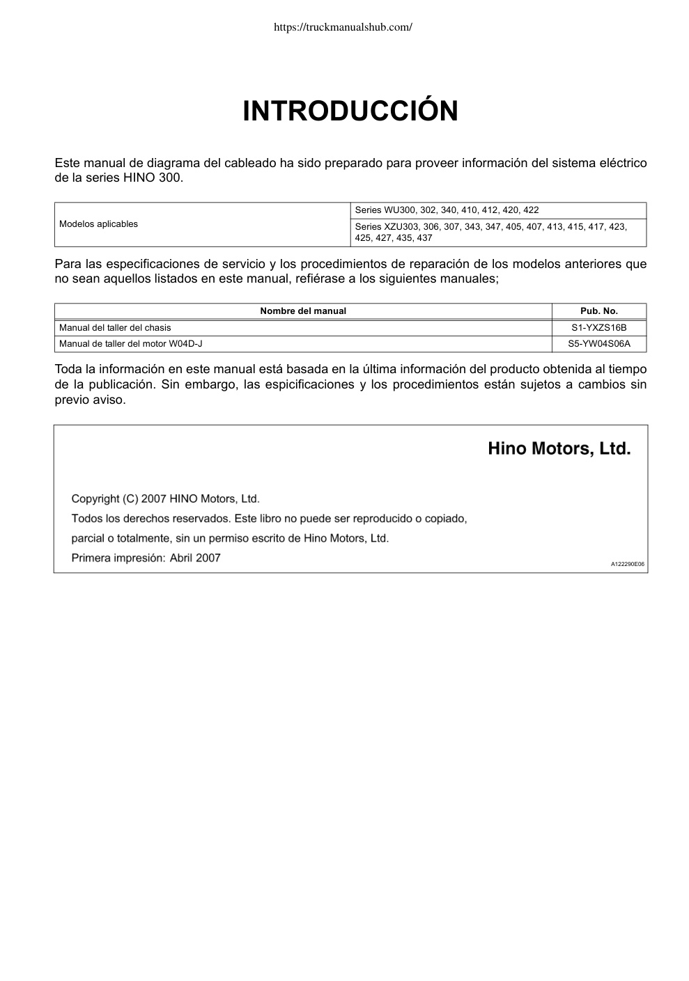 Première page de Este manual de diagrama del cableado ha sido preparado para proveer información del sistema eléctrico