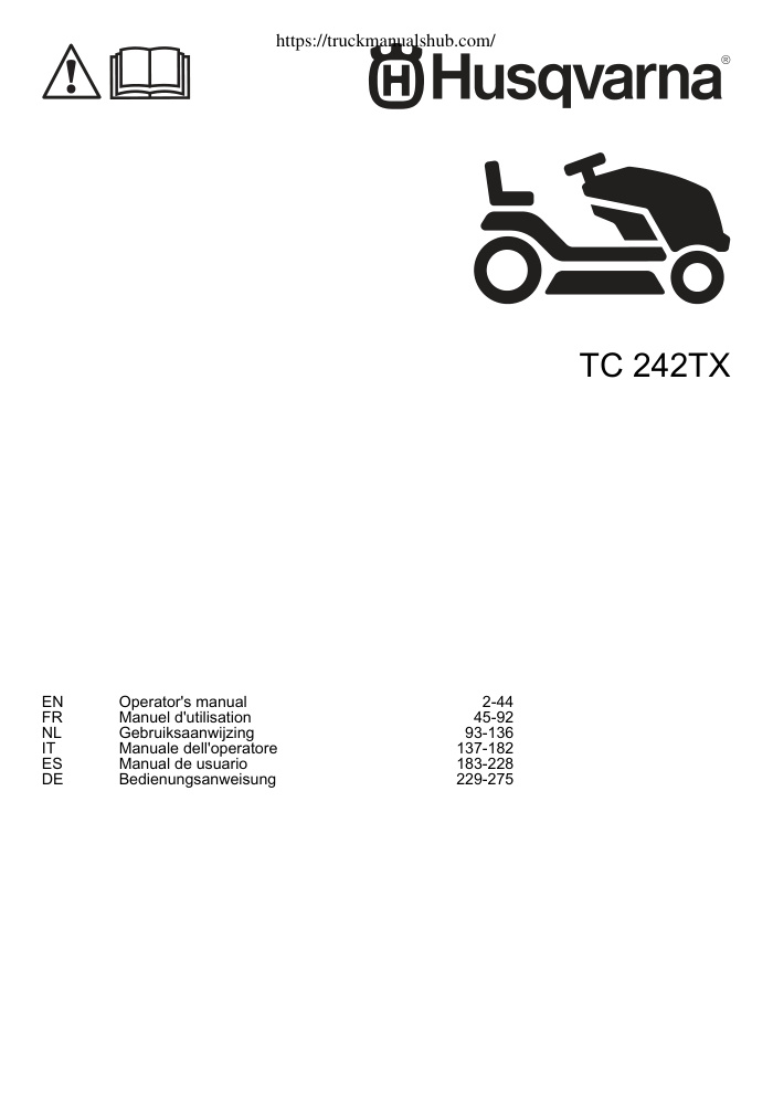 Première page de OM, Husqvarna, TC 242TX, 2022, TRACTORS/RIDE MOWERS, EN, FR, NL, IT, ES, DE