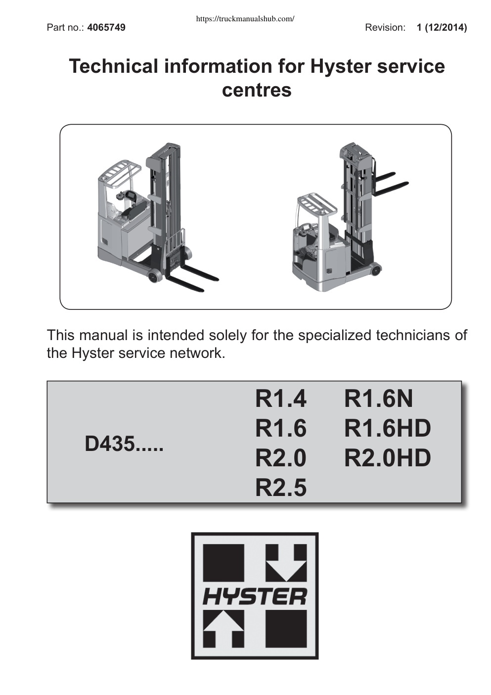 Première page de Technical information for Hyster service