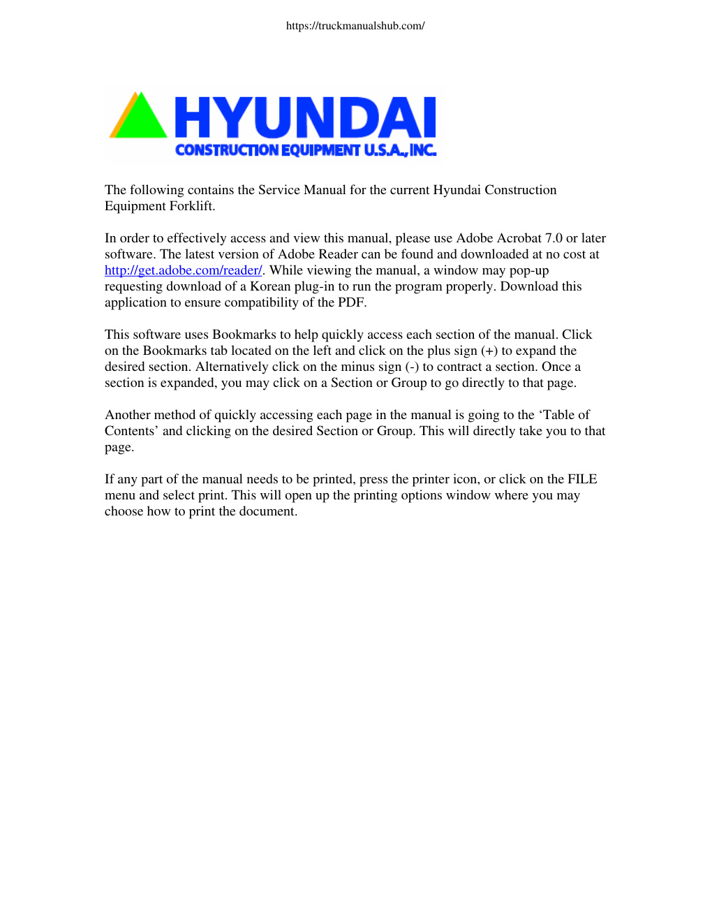 Première page de The following contains the Service Manual for the current Hyundai Construction