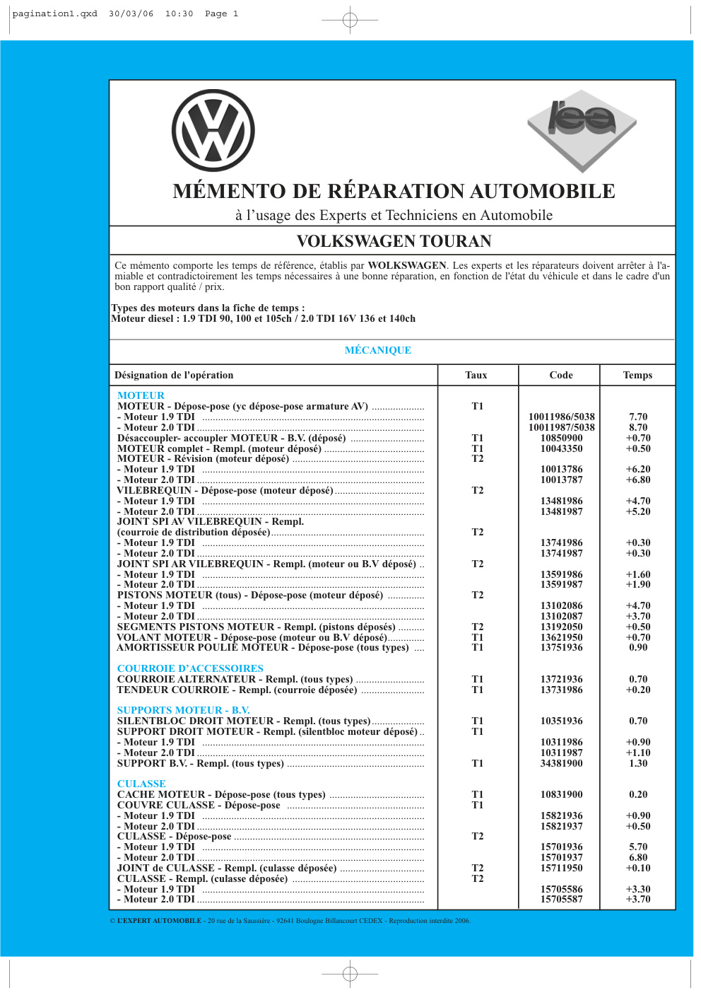 Première page de MÉMENTO DE RÉPARATION AUTOMOBILE