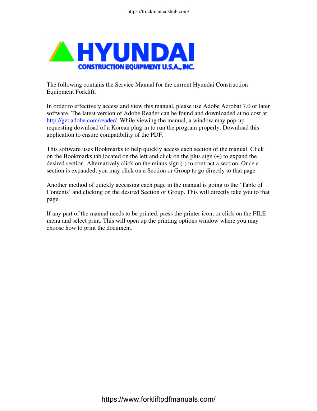 Première page de The following contains the Service Manual for the current Hyundai Construction