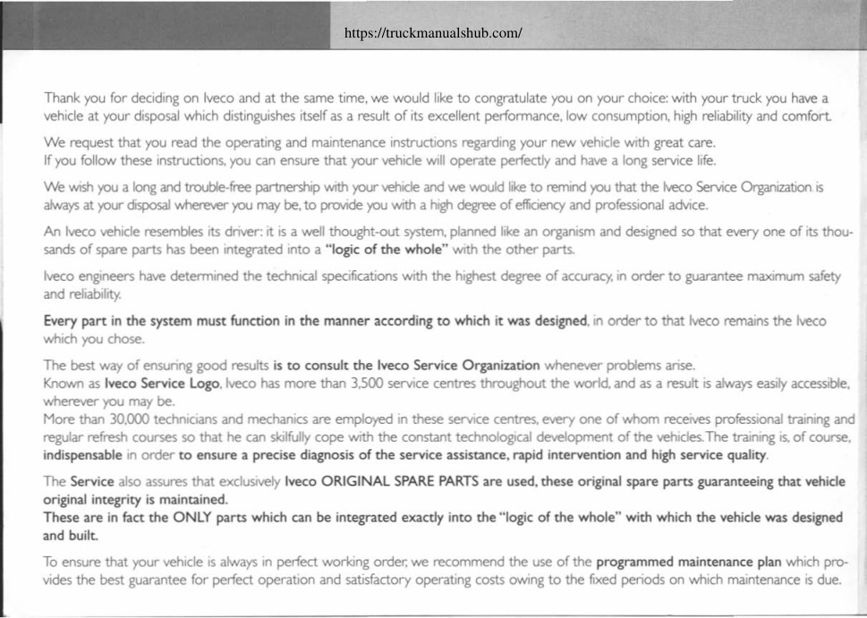 Première page de We request that you read the operating and maintenance Instr\JctJons regarding your new vehicle with great care.