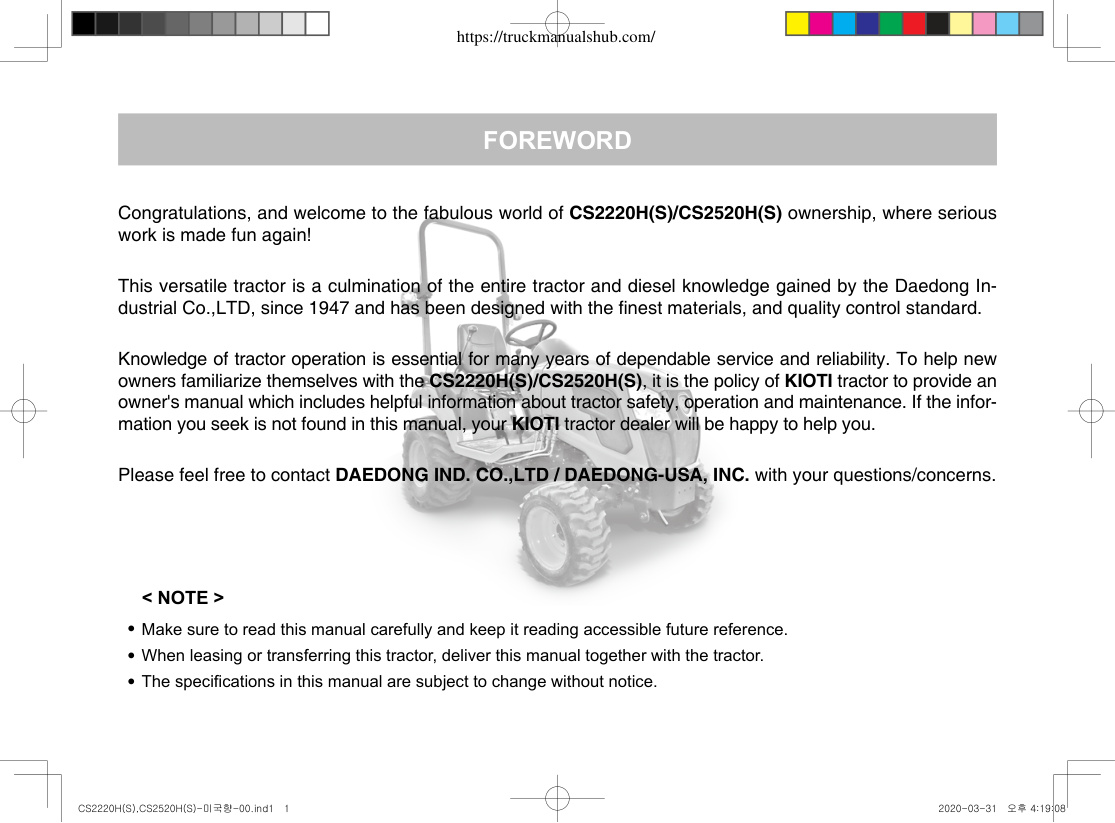 Première page de Kioti CS2220H CS2520H(S) Tractor Operator Manual.pdf