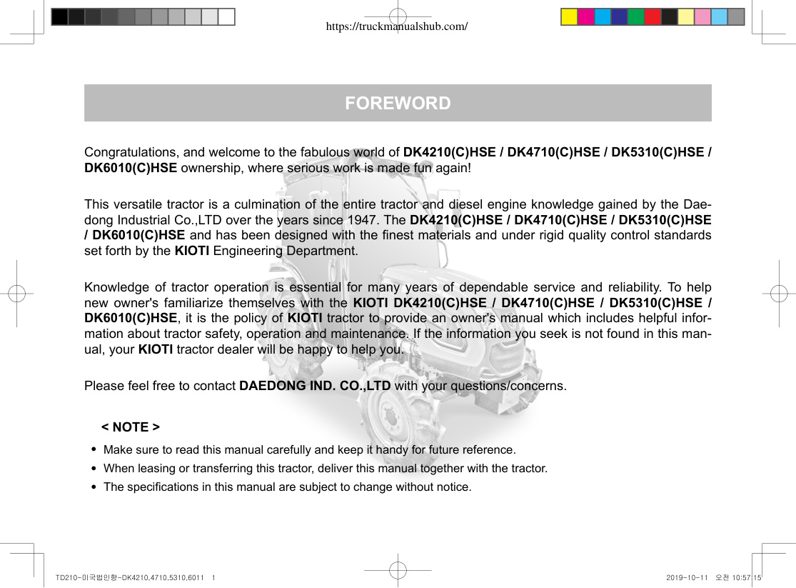 Première page de Kioti DK4210(C)HSE, DK4710(C)HSE, DK5310(C)HSE, DK6010(C)HSE Owner’s Manual.pdf
