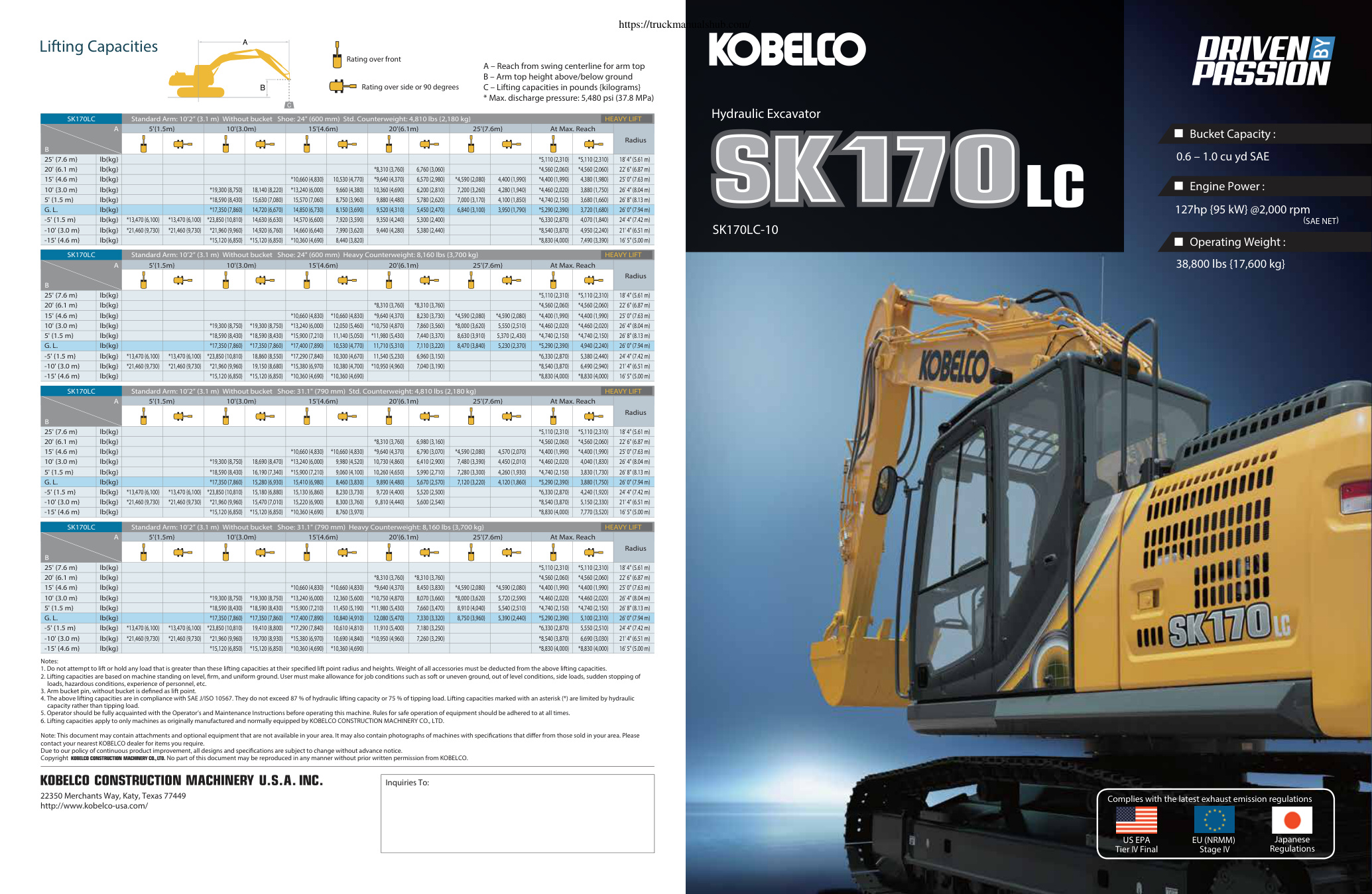 Première page de SK170LC-10 Specs - KOBELCO Conventional Excavator