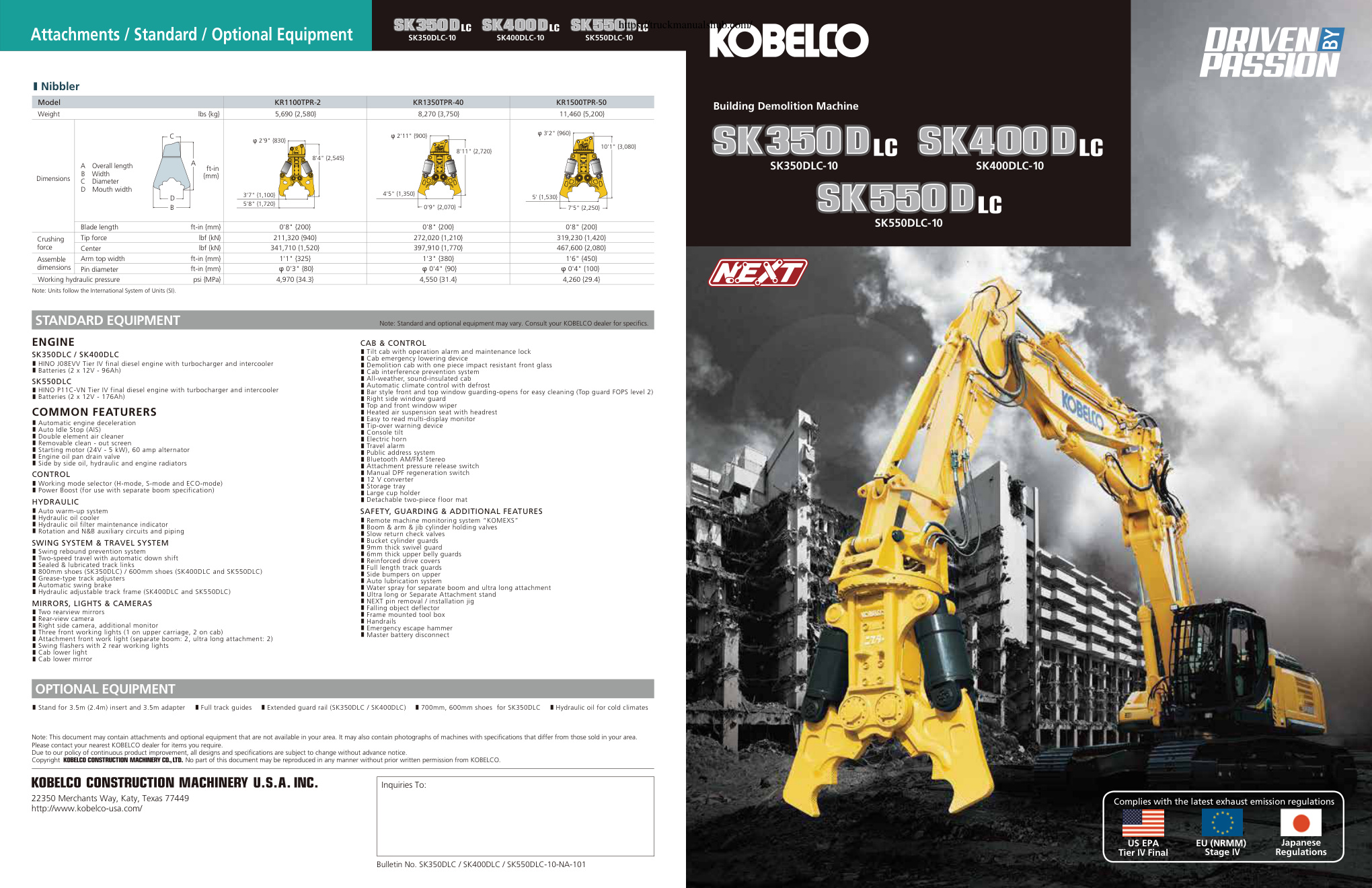 Première page de SK550DLC-10 Specs - KOBELCO Building Demolition Machine