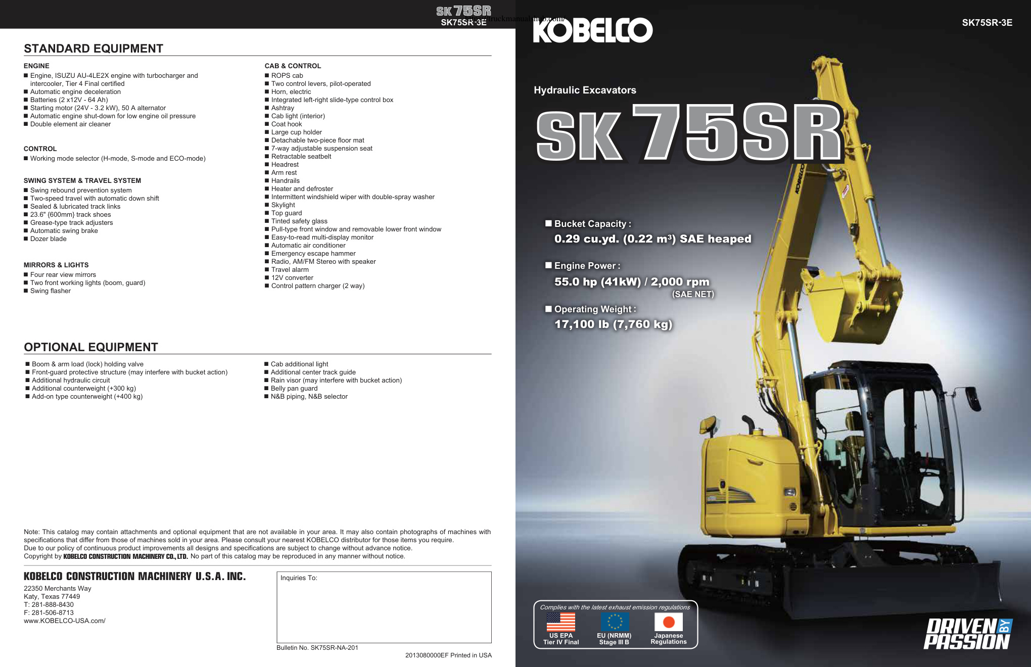 Première page de SK75SR-3E Specs - KOBELCO Short Rear Swing Excavator