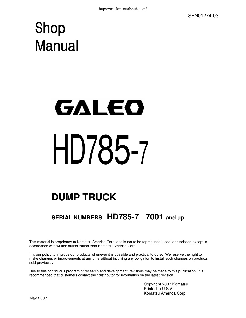 Première page de SEN01274-03 HD785-7 DUMP TRUCK S/N 700 & up