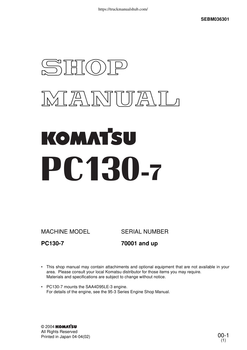 Première page de MACHINE MODEL SERIAL NUMBER