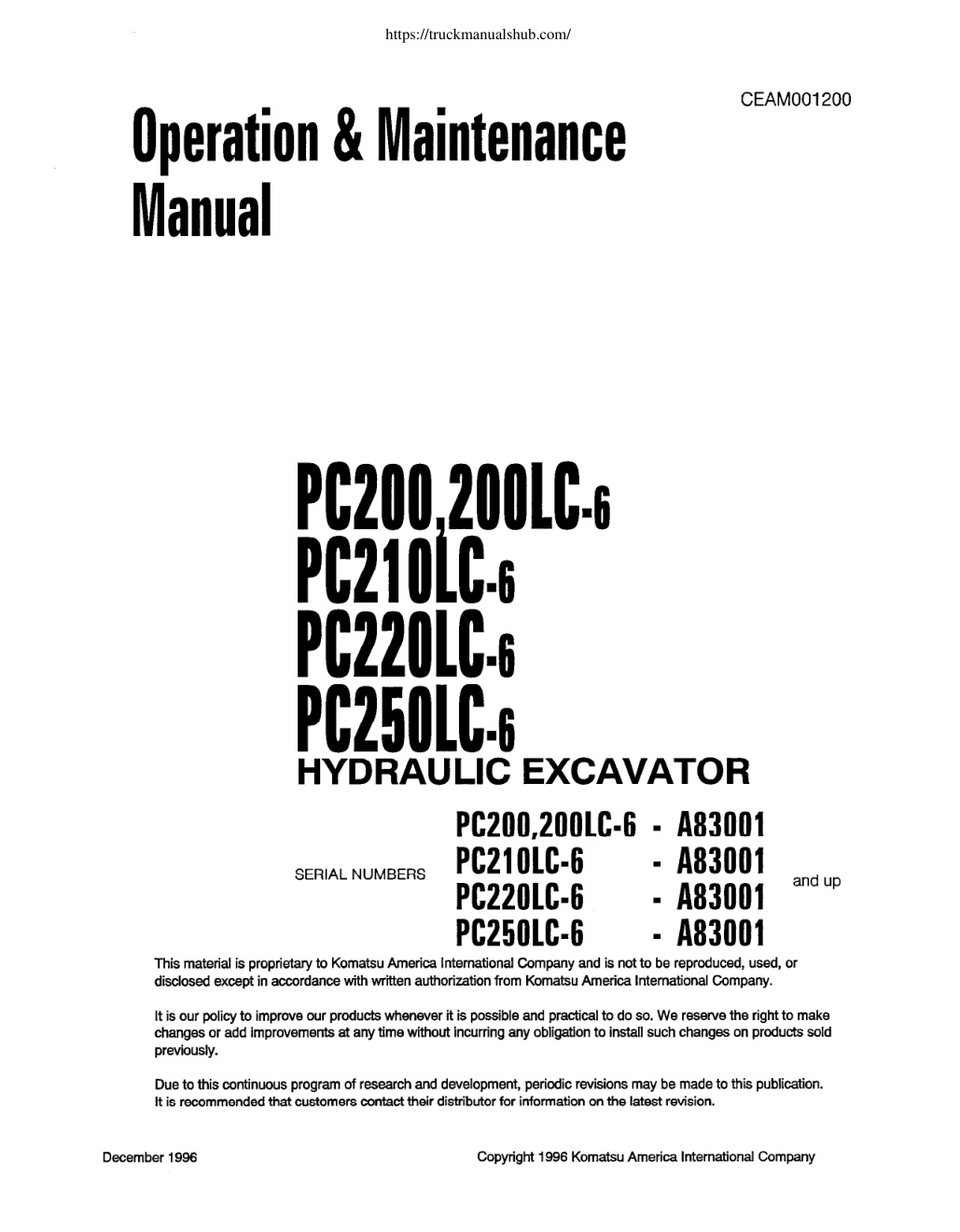 Première page de CEAD001200 O&M MANUAL PC200/210/220/250LC-6 (with 102E series engine)