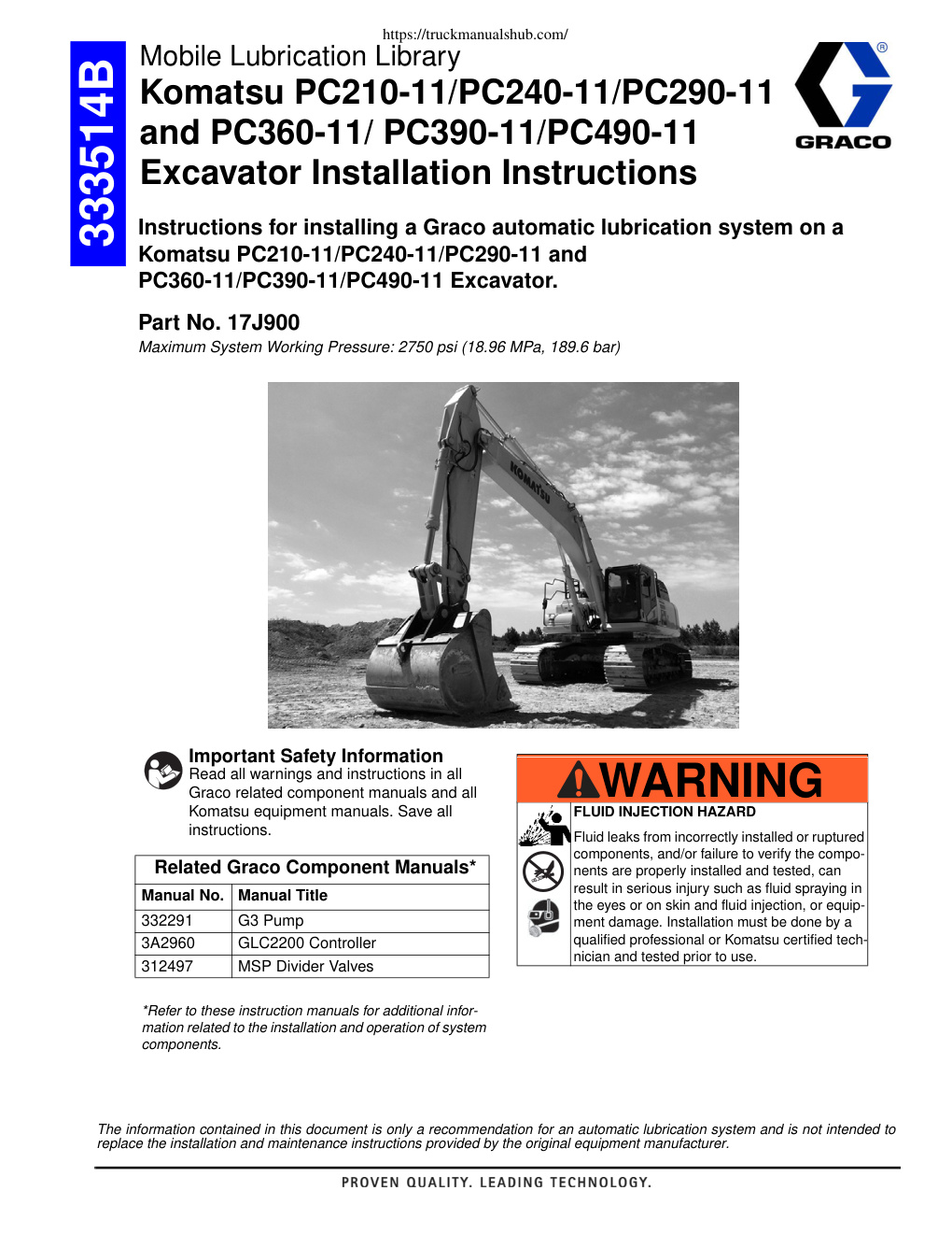 Première page de 333514B Komatsu PC210/PC240/PC290 and PC360/PC390/PC490 Excavator Installtion Instructions