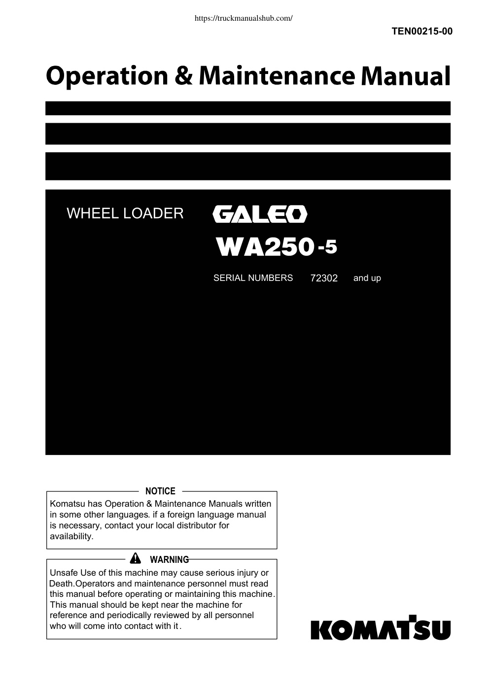 Première page de TEN00215-00
 WA250-5
 WHEEL LOADERS